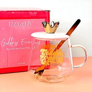 "GODDESS ENERGY" BOROSILICATE GLASS MUG WITH LID + SPOON